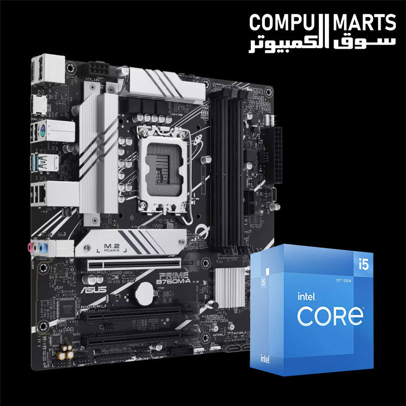 Elsabt Elmomtaz 3 ASUS PRIME B760M-A CSM DDR5 motherboard and Intel Core i5-12400F bundle.