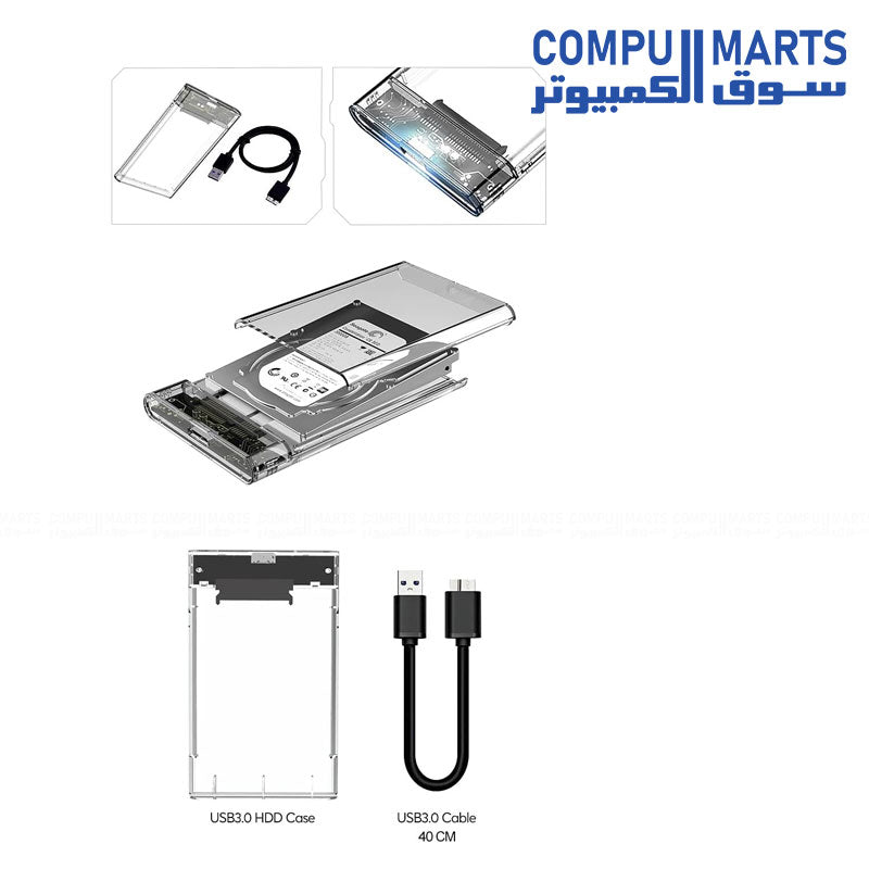 2.5" SATA to USB 3.0 External Hard Drive Enclosure Transparent Portable Case