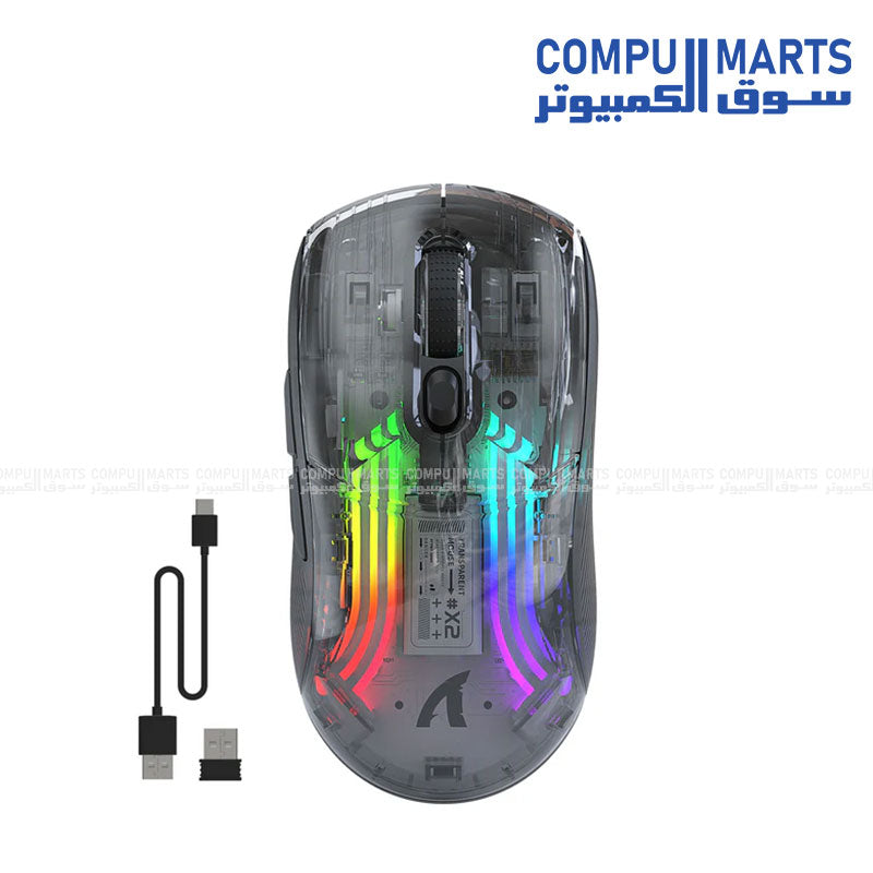 Attack Shark X2 transparent wireless RGB gaming mouse with 5 DPI levels.