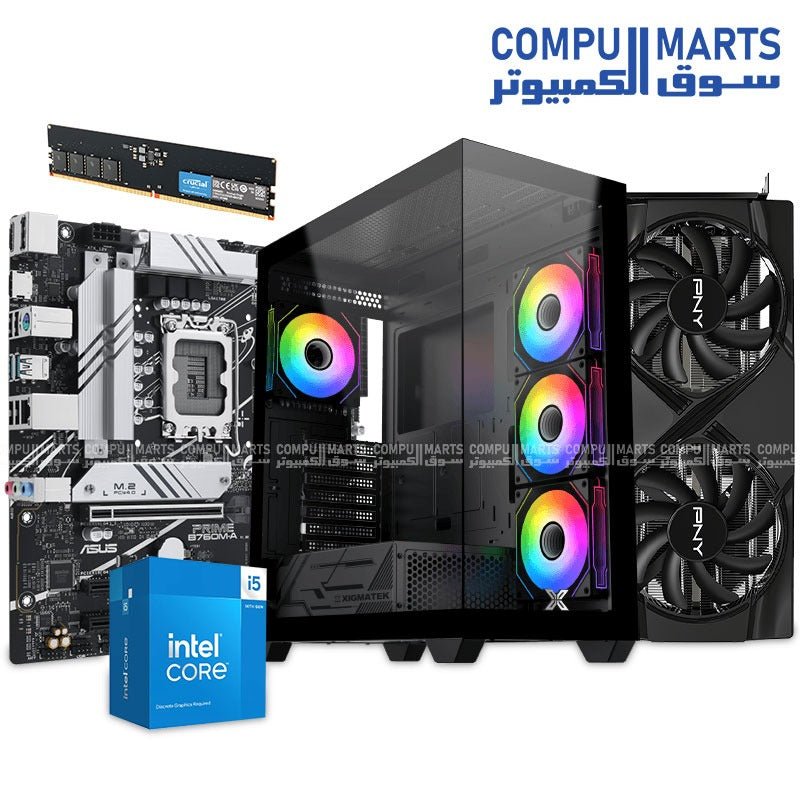 Gaming PC Bundle in Egypt – Intel Core i5-14400F, GeForce RTX 5060 Ti 8GB VERTO, ASUS PRIME B760M-A CSM motherboard, Crucial 16GB DDR5 4800MHz RAM, 512GB NVMe M.2 SSD, and Xigmatek Blast 750W power supply – Complete Gaming Setup