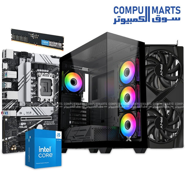 Gaming PC Bundle in Egypt – Intel Core i5-14400F, GeForce RTX 5060 Ti 8GB VERTO, ASUS PRIME B760M-A CSM motherboard, Crucial 16GB DDR5 4800MHz RAM, 512GB NVMe M.2 SSD, and Xigmatek Blast 750W power supply – Complete Gaming Setup