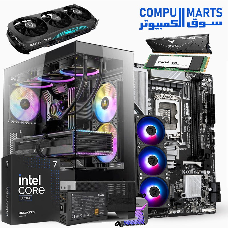 T-REX 1 Gaming Bundle – Intel Core Ultra 7 265K + GIGABYTE B860M GAMING WiFi6 + 32GB DDR5 6000MHz VULCAN RAM + Crucial E100 1TB NVMe SSD + ZOTAC RTX 4070 Ti SUPER 16GB + MSI A15 360mm Liquid Cooler + ANTEC CX700 Case + 850W Bronze ATX 3.0 PSU – High-End PC Build – Egypt