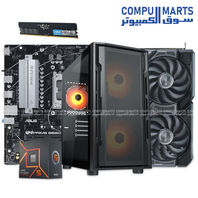 Custom Gaming PC Build – AMD Ryzen 5 7600, ASUS PRIME B650M Motherboard, NVIDIA RTX 4060 Ti 8GB, 16GB Crucial DDR5 5600MHz RAM, 512GB M.2 SSD, Cougar Uniface Case, 600W Power Supply – For Egypt