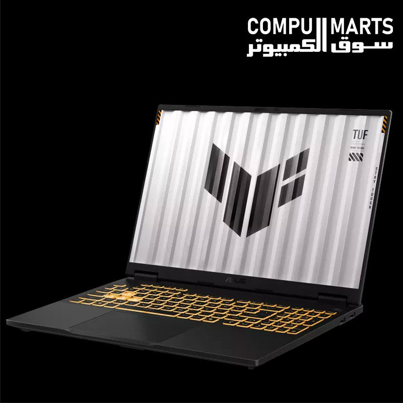 Side view showing I/O ports including HDMI 2.1, RJ45 LAN, USB Type-C, and USB 3.2 Type-A on ASUS TUF F16