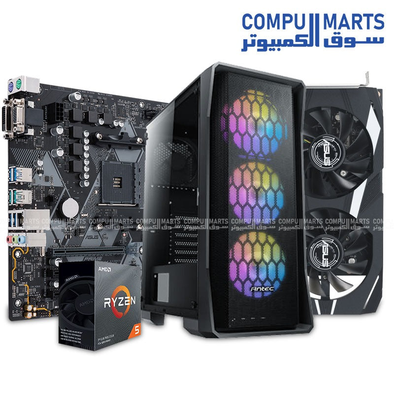 AMD Ryzen 5 3600 processor, ASUS PRIME B450M-K motherboard, 16GB DDR4 3200MHz RAM, 256GB NVMe SSD, ASUS Dual GeForce RTX 3050 6GB graphics card, and Antec NX360