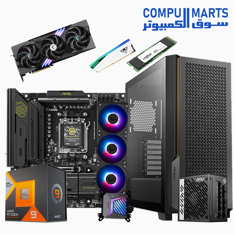 ألكسندر بي إكس - معالج رايزن 7 7800X3D + بطاقة رسومات RTX 4070 Ti سوبر | ذاكرة وصول عشوائي DDR5 سعة 64 جيجابايت | واي فاي B840 | تبريد سائل 360 مم