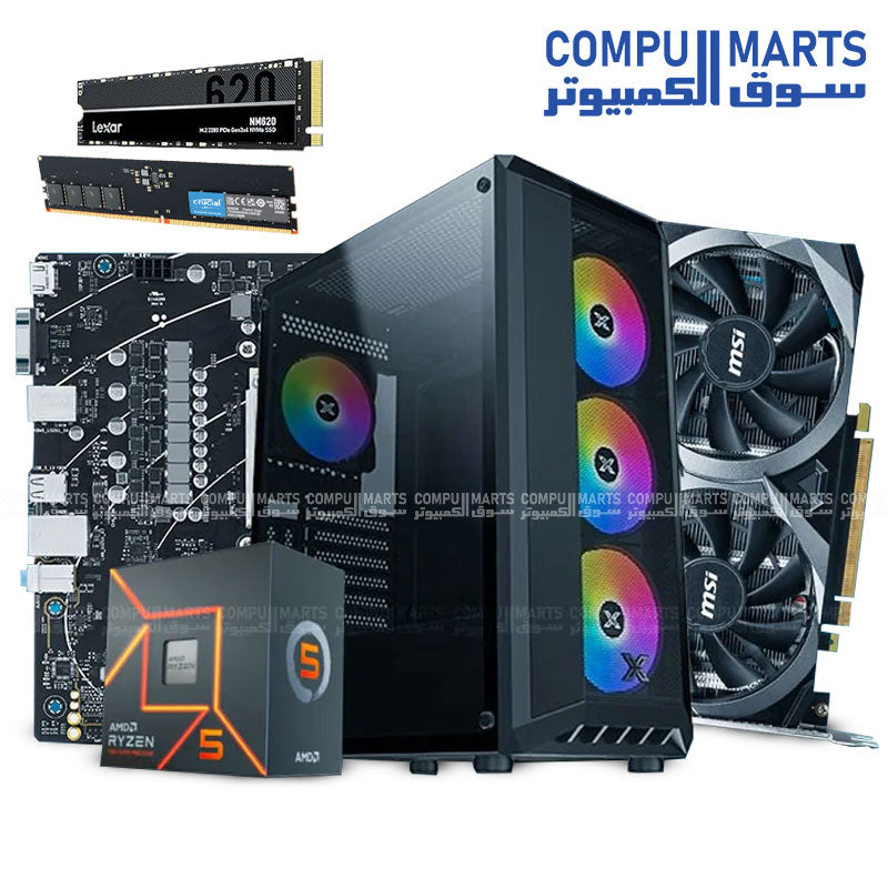 AMD Ryzen 5 7500F-MSI GEFORCE RTX 3060 VENTUS 2X 12G OC-Crucial 8GB DDR5 – 4800HZ-MSI PRO A620M-E-Lexar NM620 M.2 2280 Internal-XIGMATEK CASE MASTER X PRO 4FAN ARGB+700W-BUNDLE