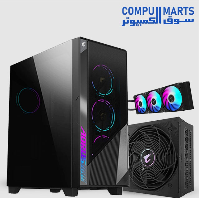 GIGABYTE AORUS Gaming PC Bundle โ ELITE P1000W 80+ Platinum Full Modular PSU, WATERFORCE II 360 Liquid Cooler, AORUS C500 Glass Black Mid Tower Case with 4x ARGB Fans