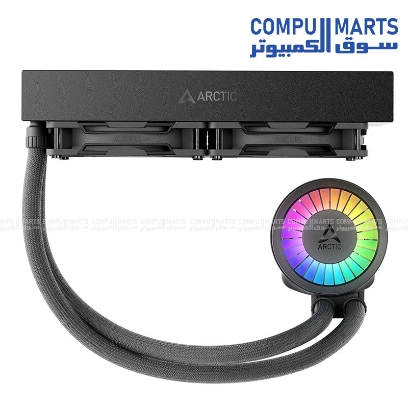 ARCTIC Liquid Freezer III PRO all-in-one CPU cooler featuring durable radiator design, copper cold plate, integrated VRM cooling module, and pre-applied MX-6 thermal paste. Compatible with Intel LGA1851/LGA1700 and AMD AM5/AM4 sockets – optimized for reliable high-performance cooling.