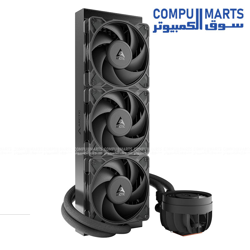 ARCTIC Liquid Freezer III PRO 420 AIO CPU Cooler with three P14 Pro fans, copper cold plate, MX-6 thermal paste pre-applied, VRM cooling module, and support for Intel LGA1851/LGA1700 and AMD AM5/AM4 – extreme liquid cooling solution.