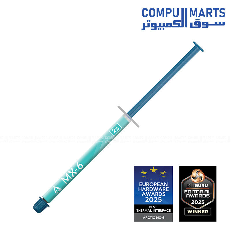 ARCTIC MX-6 thermal paste syringe for CPU and GPU cooling, available in 2g and 4g sizes, high-performance, non-conductive, and durable