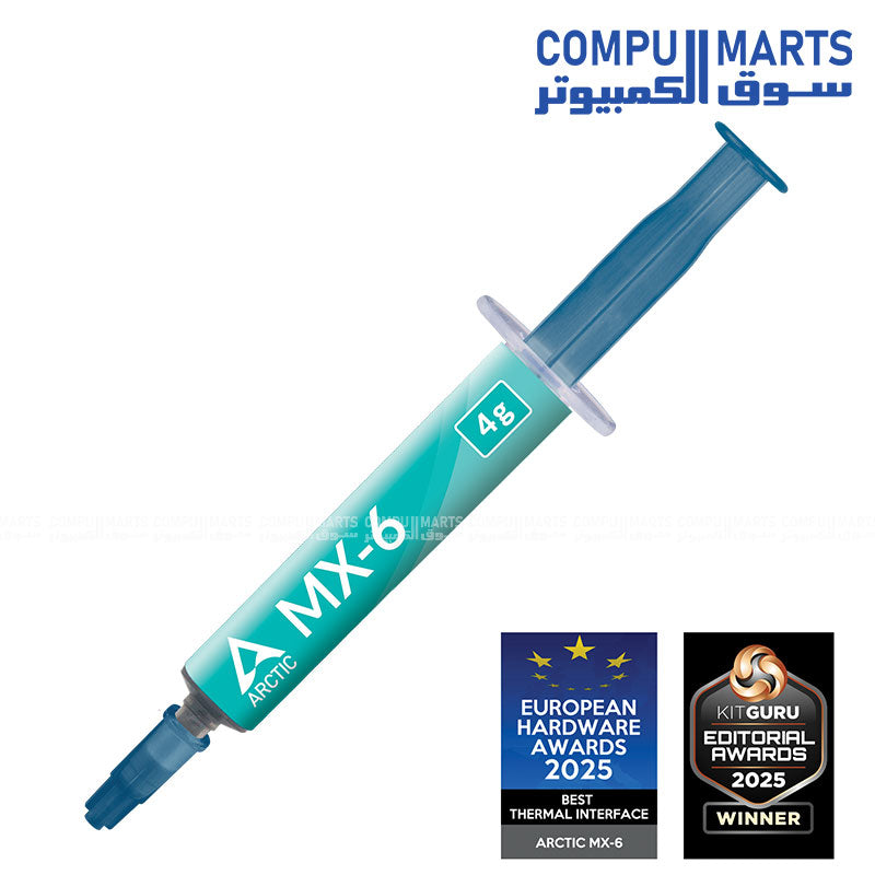 ARCTIC MX-6 thermal paste syringe for CPU and GPU cooling, available in 2g and 4g sizes, high-performance, non-conductive, and durable