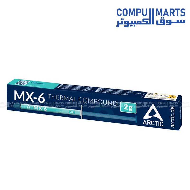 ARCTIC MX-6 thermal paste syringe for CPU and GPU cooling, available in 2g and 4g sizes, high-performance, non-conductive, and durable