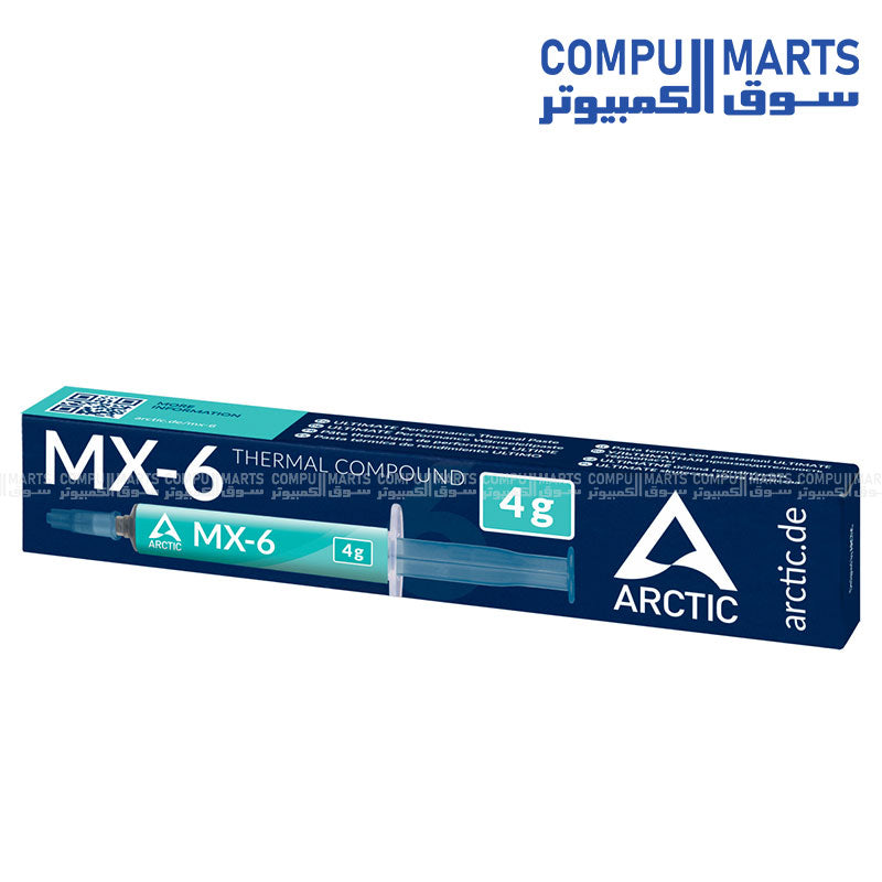 ARCTIC MX-6 thermal paste syringe for CPU and GPU cooling, available in 2g and 4g sizes, high-performance, non-conductive, and durable