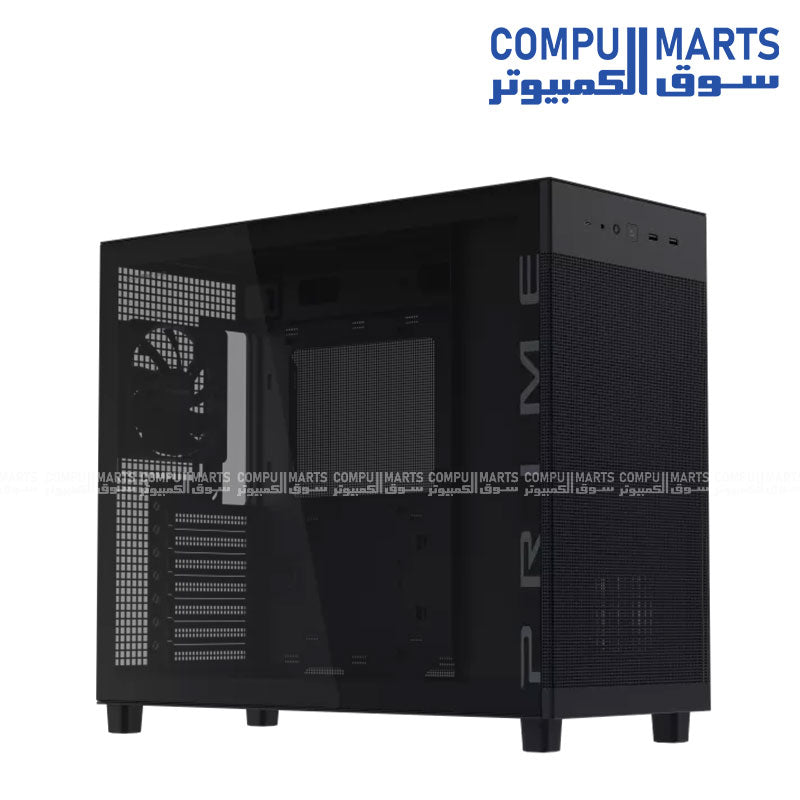 ASUS Prime AP303 tempered glass ATX mid tower gaming PC case with compact design and high airflow cooling support
