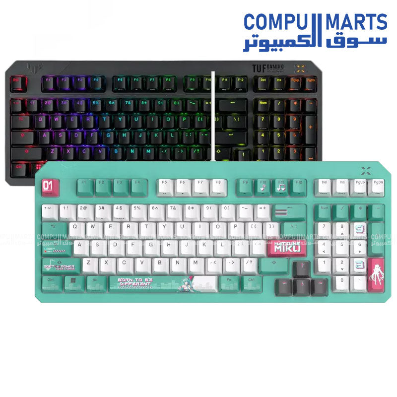 لوحة مفاتيح ASUS TUF Gaming RA07 K3 من الجيل الثاني بتصميم مدمج يحتوي على 97 مفتاحًا، ومفاتيح RGB بصرية ميكانيكية، وقاعدة من السيليكون، ورغوة امتصاص الصدمات، ومقاومة للماء IP57، ولوحة علوية قابلة للفصل، وتوافق مع تقنية Aura Sync.