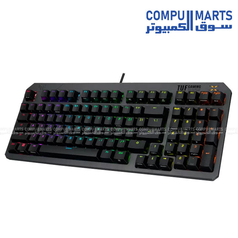 لوحة مفاتيح ASUS TUF Gaming RA07 K3 من الجيل الثاني بتصميم مدمج يحتوي على 97 مفتاحًا، ومفاتيح RGB بصرية ميكانيكية، وقاعدة من السيليكون، ورغوة امتصاص الصدمات، ومقاومة للماء IP57، ولوحة علوية قابلة للفصل، وتوافق مع تقنية Aura Sync.