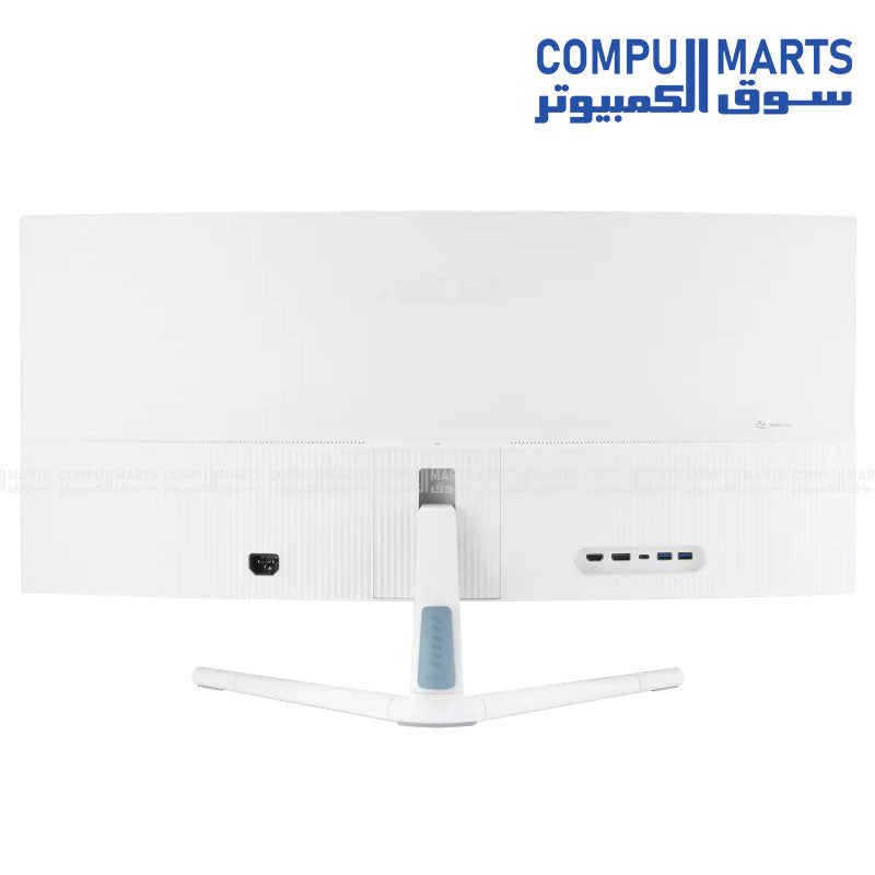 Compumarts ASUS ultrawide monitor equipped with USB-C DisplayPort HDMI connectivity USB hub support and height adjustment for flexible workstation setups