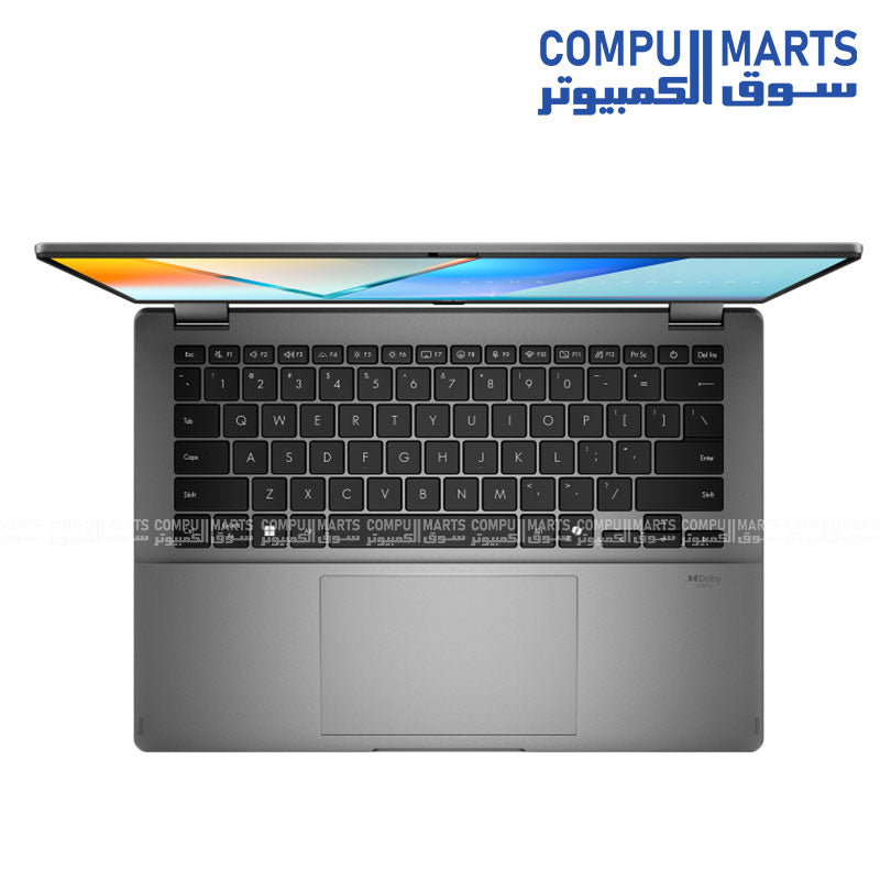 ASUS VivoBook Flip S14 TP3407SA front view with stylus – matte gray