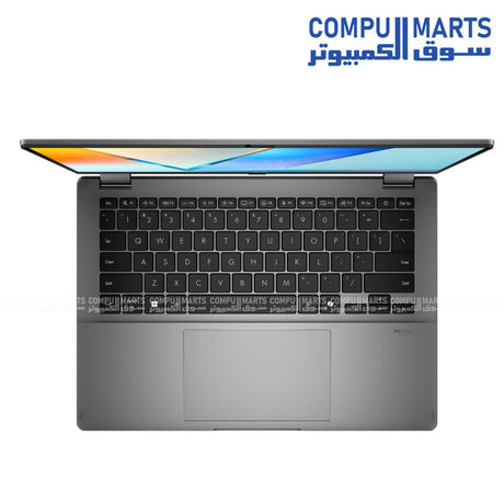 ASUS VivoBook Flip S14 TP3407SA front view with stylus – matte gray