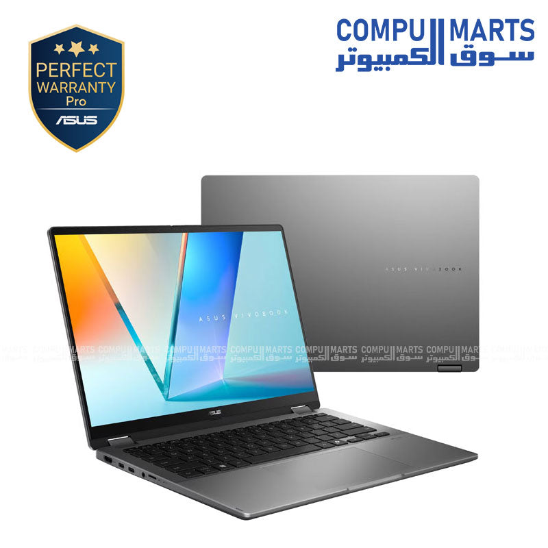 ASUS VivoBook Flip S14 TP3407SA front view with stylus – matte gray