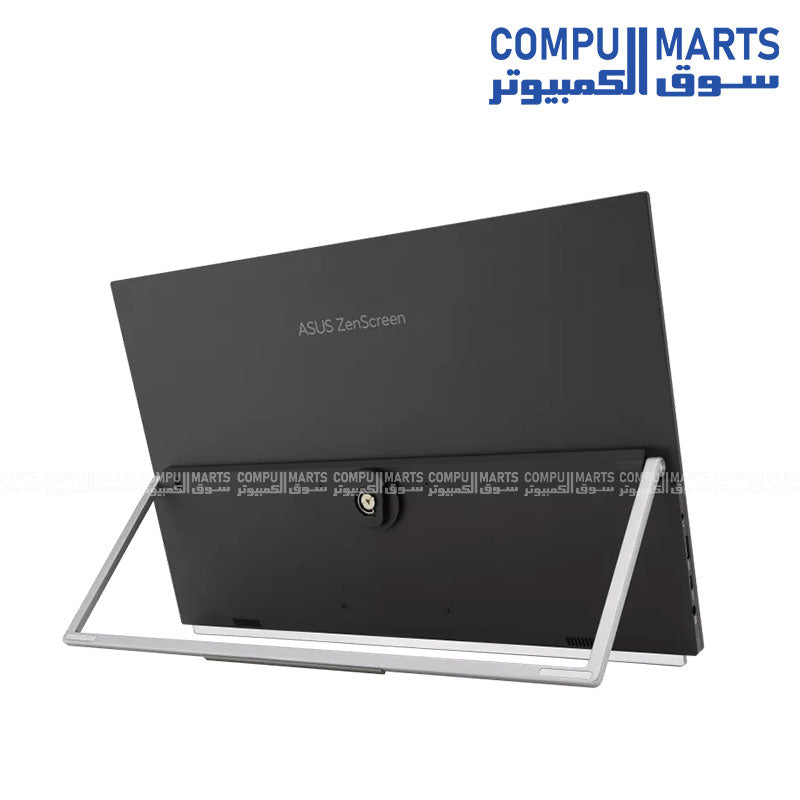Portable ASUS monitor with 1920x1080 resolution, 5ms GTG response time, HDMI input, earphone jack, and DisplayWidget Center support for productivity use