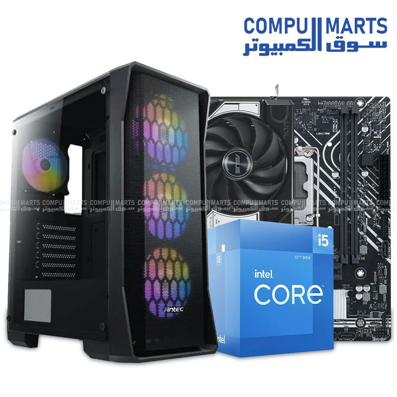 تركيب جهاز كمبيوتر للالعاب – معالج إنتل كور i5-12400F | لوحة أم ASUS H610M-F | ذاكرة وصول عشوائي 16GB DDR4 3200 | تخزين NVMe سعة 256GB | علبة ANTEC NX360 | خيارات بطاقات معالجة الرسوميات (RTX 3050 / 3060 / 5060)