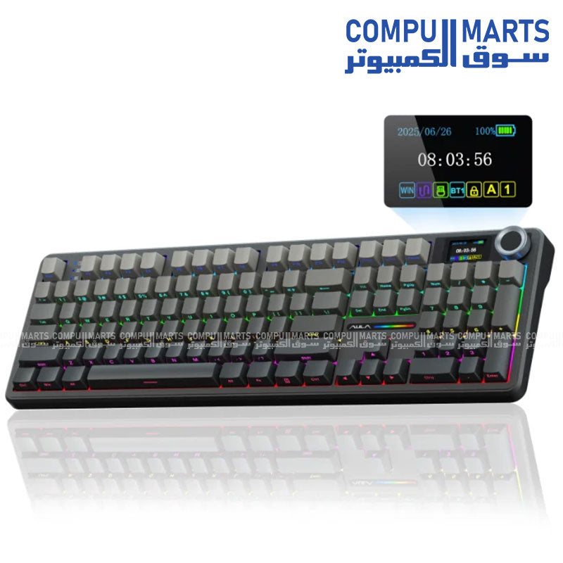 AULA F108 Pro full size wireless mechanical keyboard with RGB lighting and metal control knob