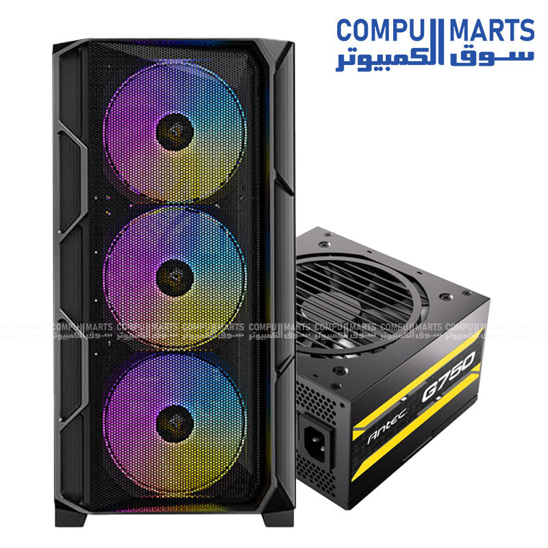 Antec AX1000 Lite ARGB Mid-Tower Case with 4×140mm ARGB Fans + Antec Atom G750 80+ Gold Semi-Modular PSU (5 Years Warranty)