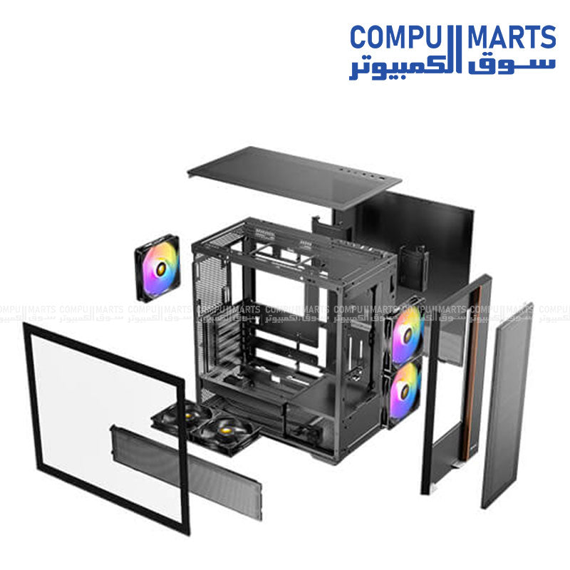Antec FLUX REAR 5x PWM ARGB fans setup 140mm front 120mm reverse PSU shroud cooling system airflow design closeup Egypt