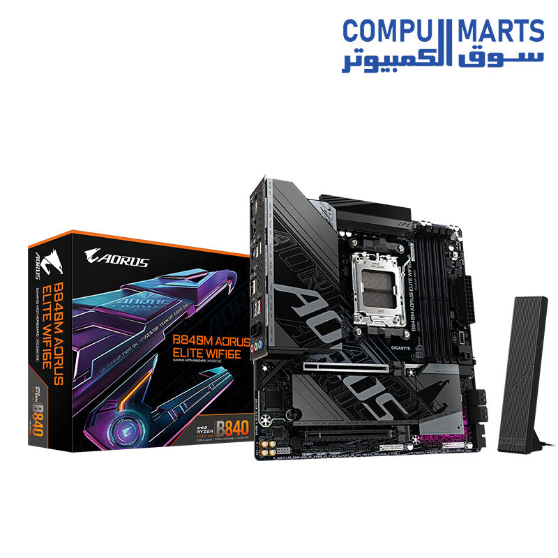 GIGABYTE B840M A ELITE WIFI6E Micro ATX motherboard with AMD Socket AM5 support.