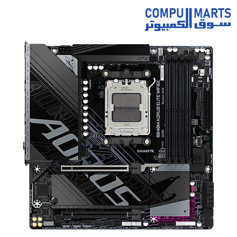 Top view of the GIGABYTE B840M A ELITE WIFI6E motherboard featuring DDR5 memory slots.
