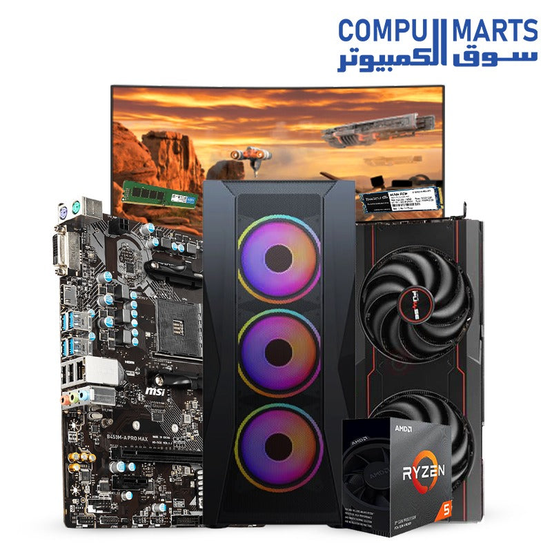 AMD Ryzen 5 3600 + MSI B450M-A PRO MAX II Motherboard + Sapphire Pulse RX 6650 XT GPU + 16GB Crucial DDR4 3200MHz RAM + TEAMGROUP MP33 NVMe SSD + Dahua 24" Monitor + XANDER Velox ARGB Gaming Case – Pre-Built Gaming PC Bundle – Egypt