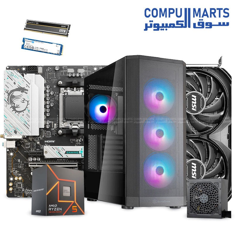 Ryzen-5-7600-Processor-AMD-6-Core-B650M-Motherboards-MSI-RTX 4060 TI-GRAPHIC CARDS-MSI-Ventus-2X-OC-8GB-GDDR6Gaming-WIFI-TEAM-Elite-plus-ram-team-group-ddr5-NV3-SSD-Kingston-NVMe-PCIe-4.0-Internal-1TB-attis-at750r-power-supply-silver-stone-750-watt-80-bronze-plus-SilverStone-FARA-514X-ATX-Mid-Tower