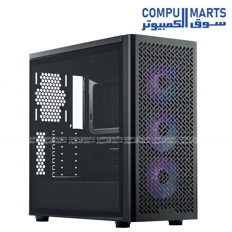 COOLER MASTER Elite 502 Mid Tower Case with E-ATX support, tempered glass side panel, and 3 pre-installed 120mm ARGB fans