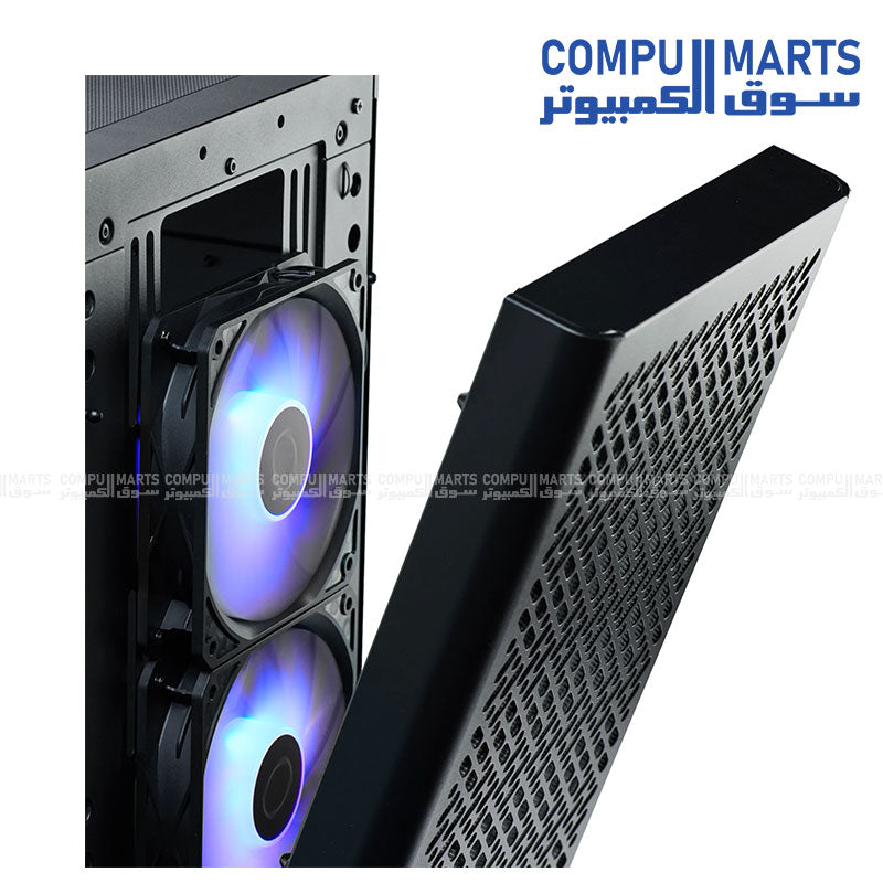 Mid tower PC case featuring steel construction, tempered glass side panel, dust filters, and extensive radiator support available through Compumarts