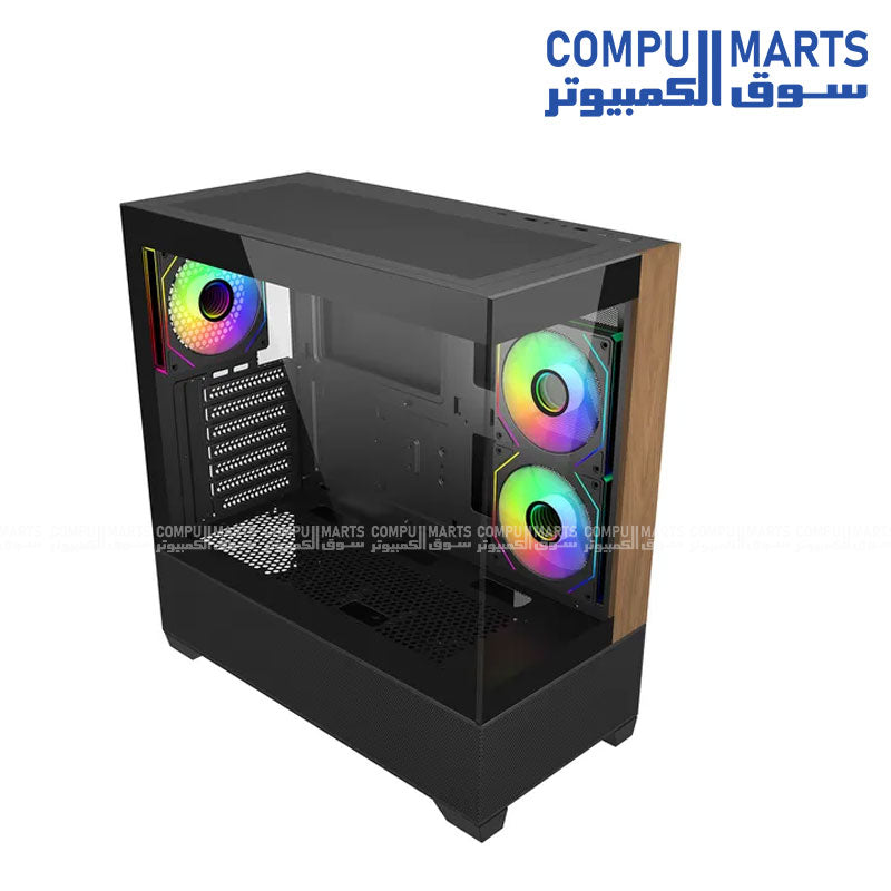 Cooler Master Elite 690 Wood ATX mid tower case with tempered glass side panel, wood front design, ARGB lighting and USB Type C port