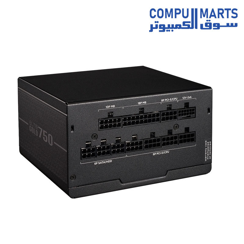 Cooler Master Elite Gold 750W power supply showing its fully modular connector layout.