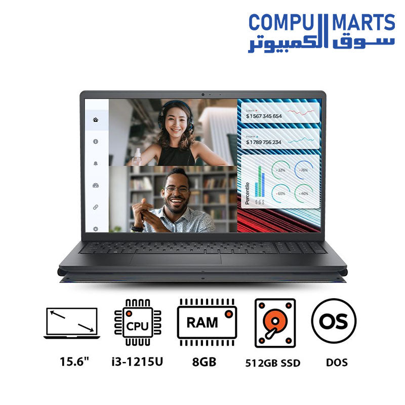 Dell Vostro 3520 Laptop, Intel Core i3/Core i7-1215U, 8GB DDR4 RAM, 512GB M.2 SSD, 15.6" FHD Display, Intel UHD Graphics, DOS - Black