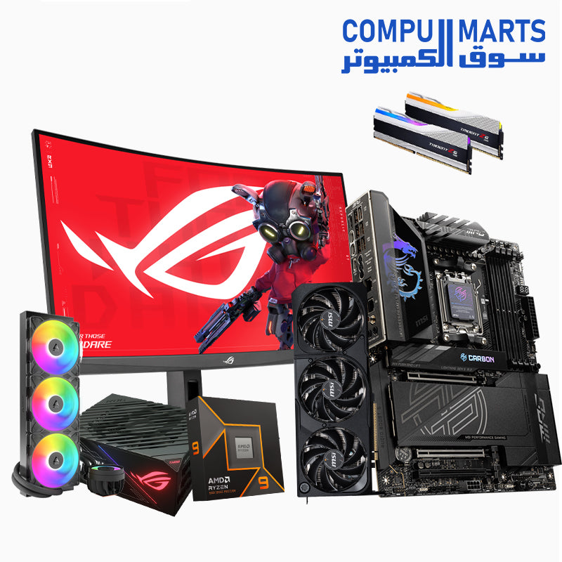 Gaming Bundle – AMD Ryzen 9 9950X3D – MSI MPG X870E CARBON WIFI – MSI RTX 5080 SHADOW 3X OC 16GB – G.SKILL 32GB DDR5 RGB – Acer Predator GM6 NVMe – ASUS ROG THOR 1200W – ARCTIC Liquid Freezer 420 – ASUS ROG STRIX XG27WCS Monitor