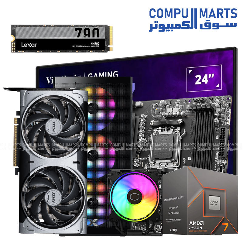 Gaming PC Bundle – AMD Ryzen 7 8700F, MSI RTX 4070 Super 12GB, MSI B650M-P, 32GB DDR5 6000MHz RGB, Lexar NM790 1TB SSD, Xigmatek Osiris Case + 850W PSU, Cooler Master Hyper 212 Halo, ViewSonic VX2479A-HD Monitor, MSI FORGE GK310 Mouse