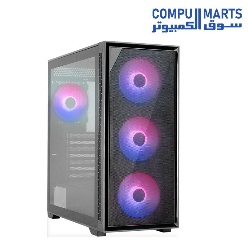 علبة ألعاب AeroCool Geoflow متوسطة الحجم - واجهة شبكية، زجاج مقسّى، دعامة مشعاع 360 مم، ARGB