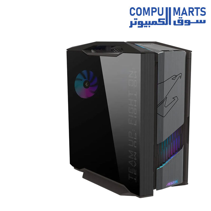 Interior view of the GIGABYTE case supporting E-ATX motherboards and vertical GPU mounts available at Compumarts