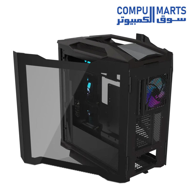 Side profile of the PC case showing expansion slots and cable management space