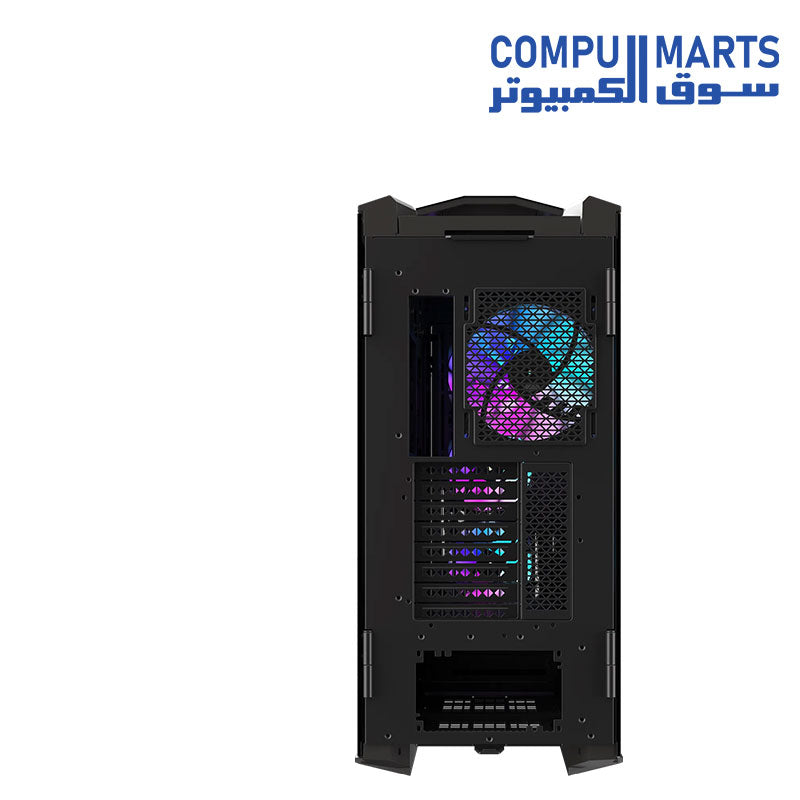Front panel detail of the gaming case with pre-installed ARGB fans
