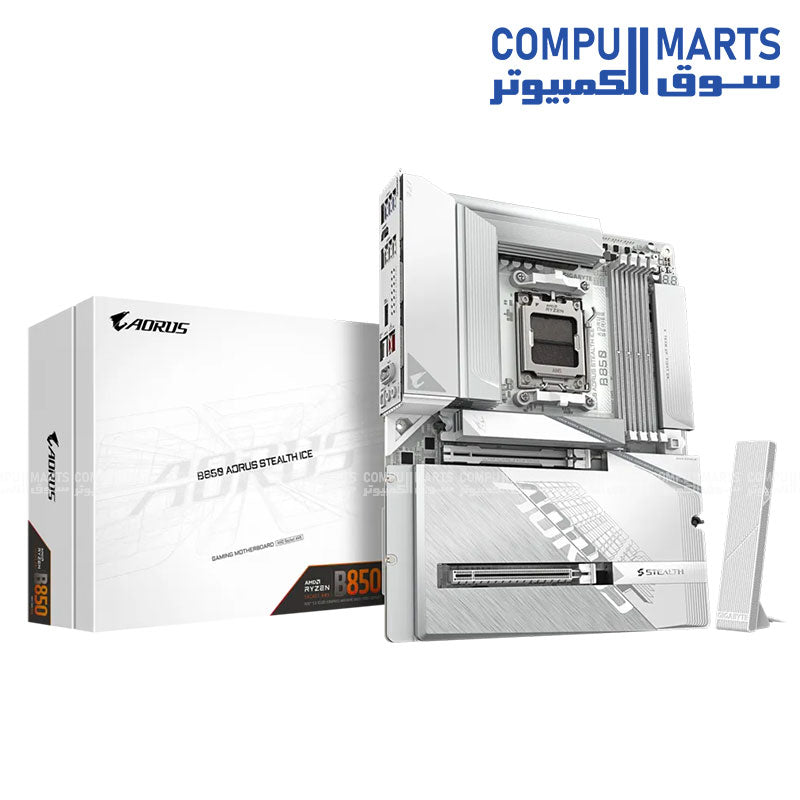 GIGABYTE B850 AORUS STEALTH ICE – White AM5 ATX motherboard – DDR5 up to 8200MT/s – PCIe 5.0 x16 – Wi‑Fi 7 & 5 GbE LAN – 4× M.2 SSD slots
