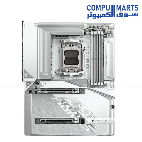GIGABYTE B850 AORUS STEALTH ICE – White AM5 ATX motherboard – DDR5 up to 8200MT/s – PCIe 5.0 x16 – Wi‑Fi 7 & 5 GbE LAN – 4× M.2 SSD slots