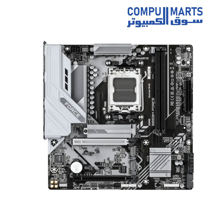 Top down view of the GIGABYTE B850M FORCE motherboard with DDR5 memory slots