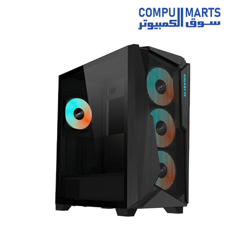 GIGABYTE C301 Glass mid-tower gaming PC case with tempered glass side panel, USB Type-C front I/O, and 4 pre-installed ARGB fans for optimized airflow and stylish builds.