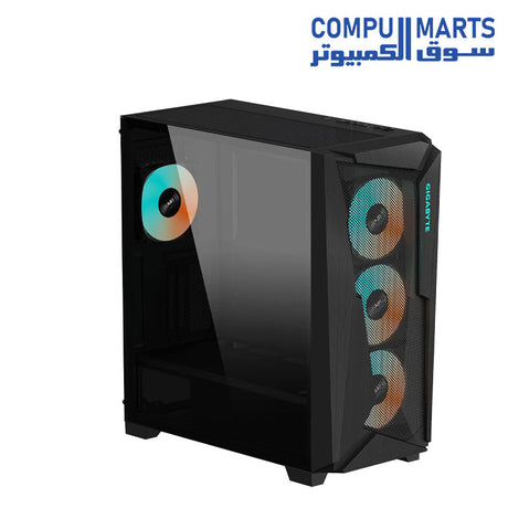GIGABYTE C301 Glass mid-tower gaming PC case with tempered glass side panel, USB Type-C front I/O, and 4 pre-installed ARGB fans for optimized airflow and stylish builds.